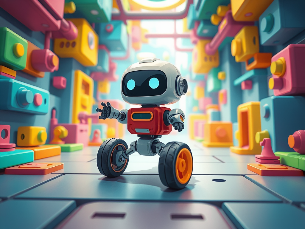 A cheerful robot with wheels explores a colorful sci-fi hallway—featured in the first devlog introducing the journey of building a mobile puzzle game.