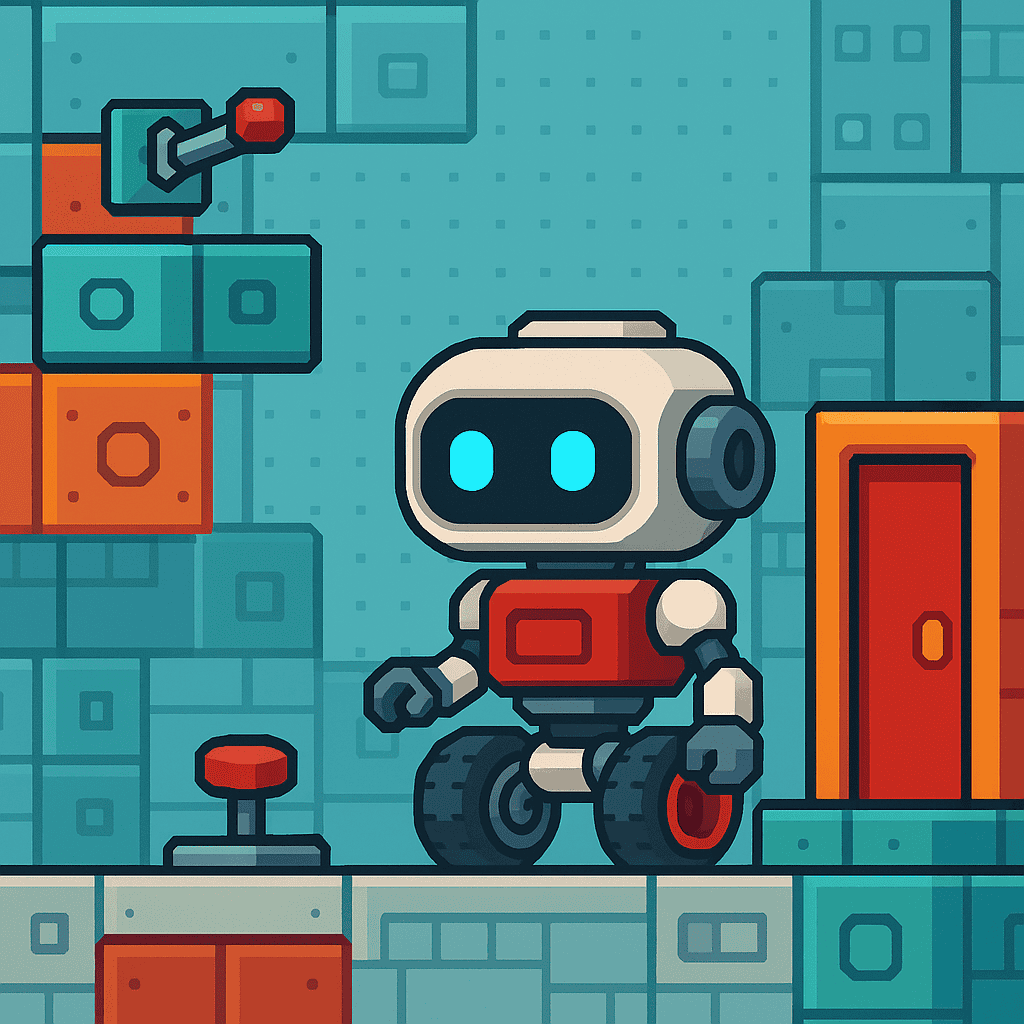 Colorful puzzle game scene showing a wheeled robot near a red button, lever, and door—featured in this week’s devlog update on demo progress and funding sprint milestones.