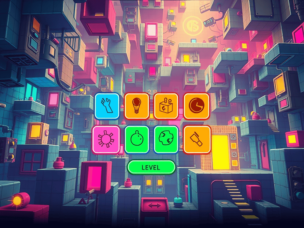 A vibrant level selection screen with colorful icons displayed in a surreal 3D environment—featured in this week’s devlog update on UI progress and puzzle game design.