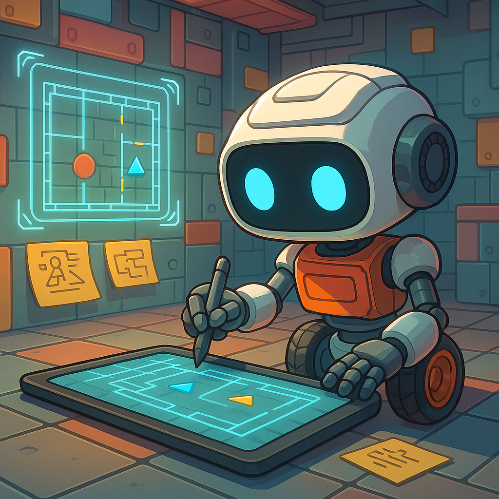 A cute robot sketches level layouts on a glowing tablet in a puzzle-filled control room—featured in this week’s devlog about rebuilding the level loader.