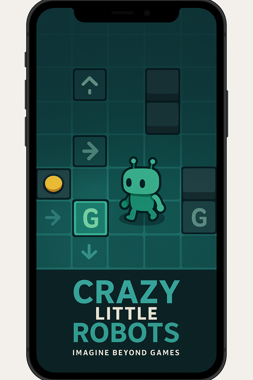 Featured devlog image: A smartphone screen displaying a 2D puzzle game scene from "Crazy Little Robots" featuring a green robot, obstacles, directional arrows, and a closed green gate the robot is passing through; game title and developer name appear at the bottom.