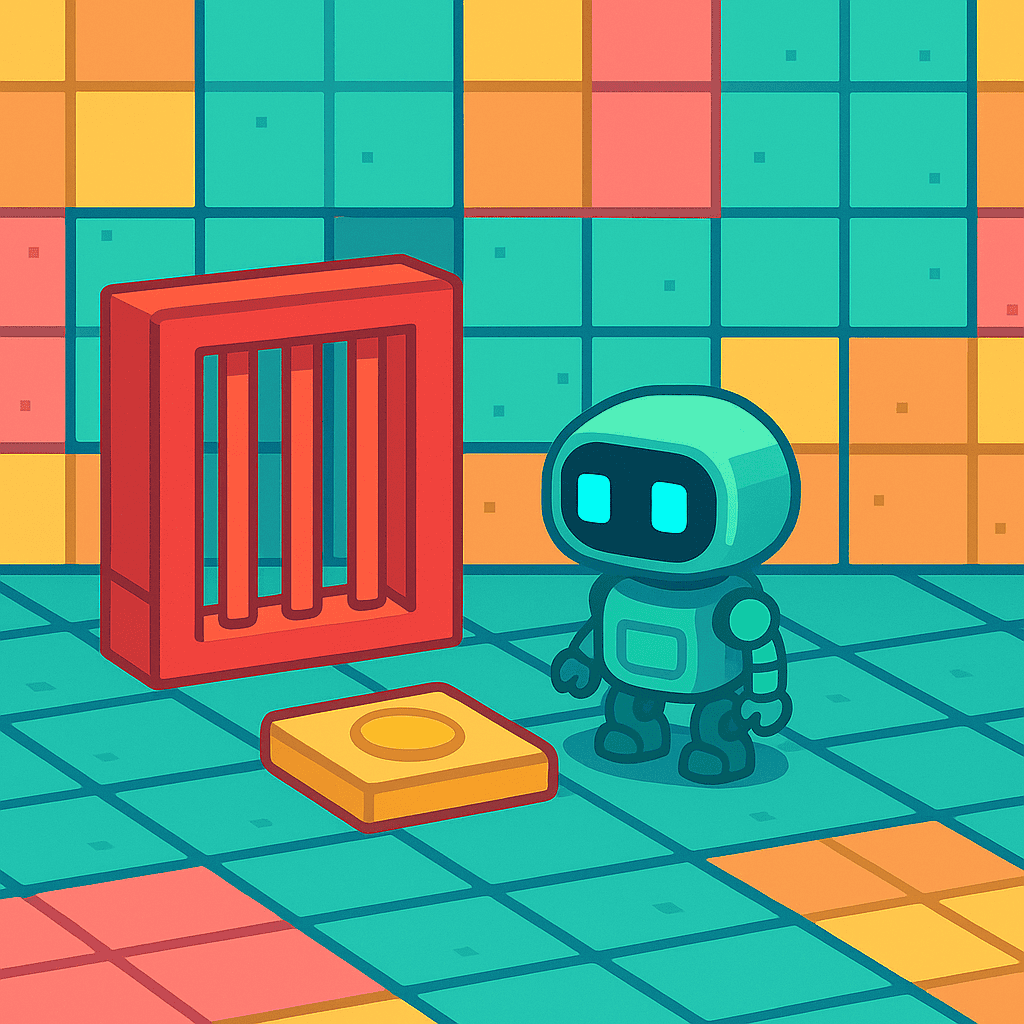 A colorful scene showing a teal robot near a yellow floor switch and a red gate — featured in the latest indie game devlog.