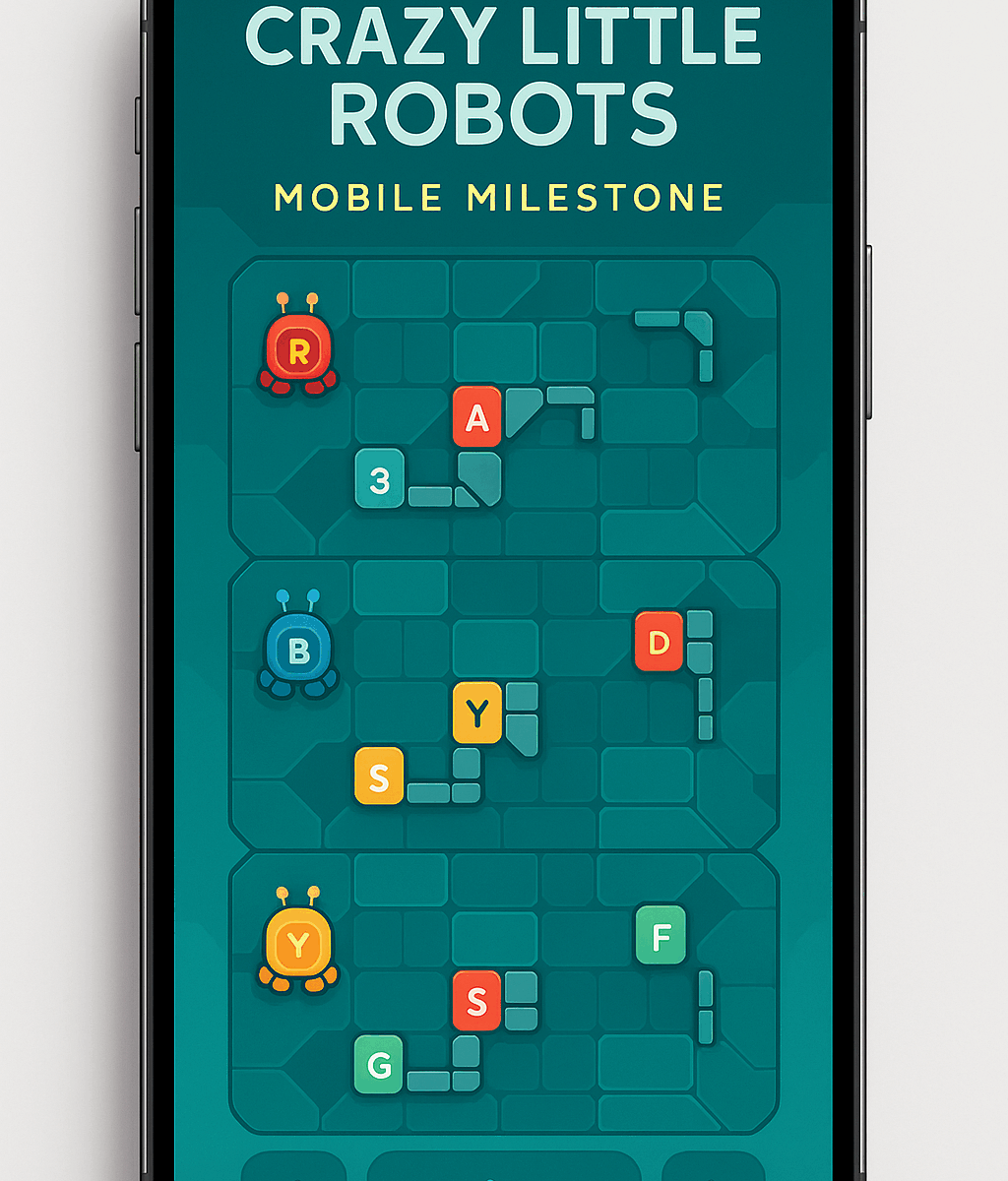 A smartphone displaying a puzzle game interface from "Crazy Little Robots," featuring colorful robot icons, gates, and switches on a teal grid. Text at the top reads “Crazy Little Robots – Mobile Milestone,” representing progress in DevLog #13.